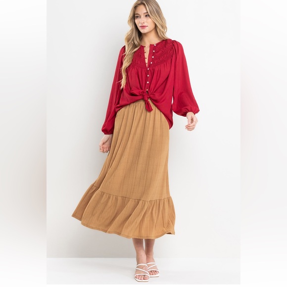 Boho Solid Shirring Detailed Blouse Top size small - Picture 2 of 7